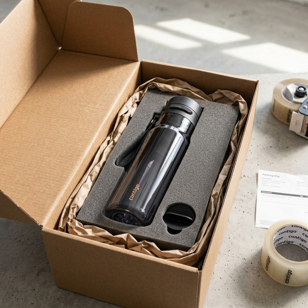 A black Contigo AutoPop 24oz water bottle secured in protective foam inside a shipping box.