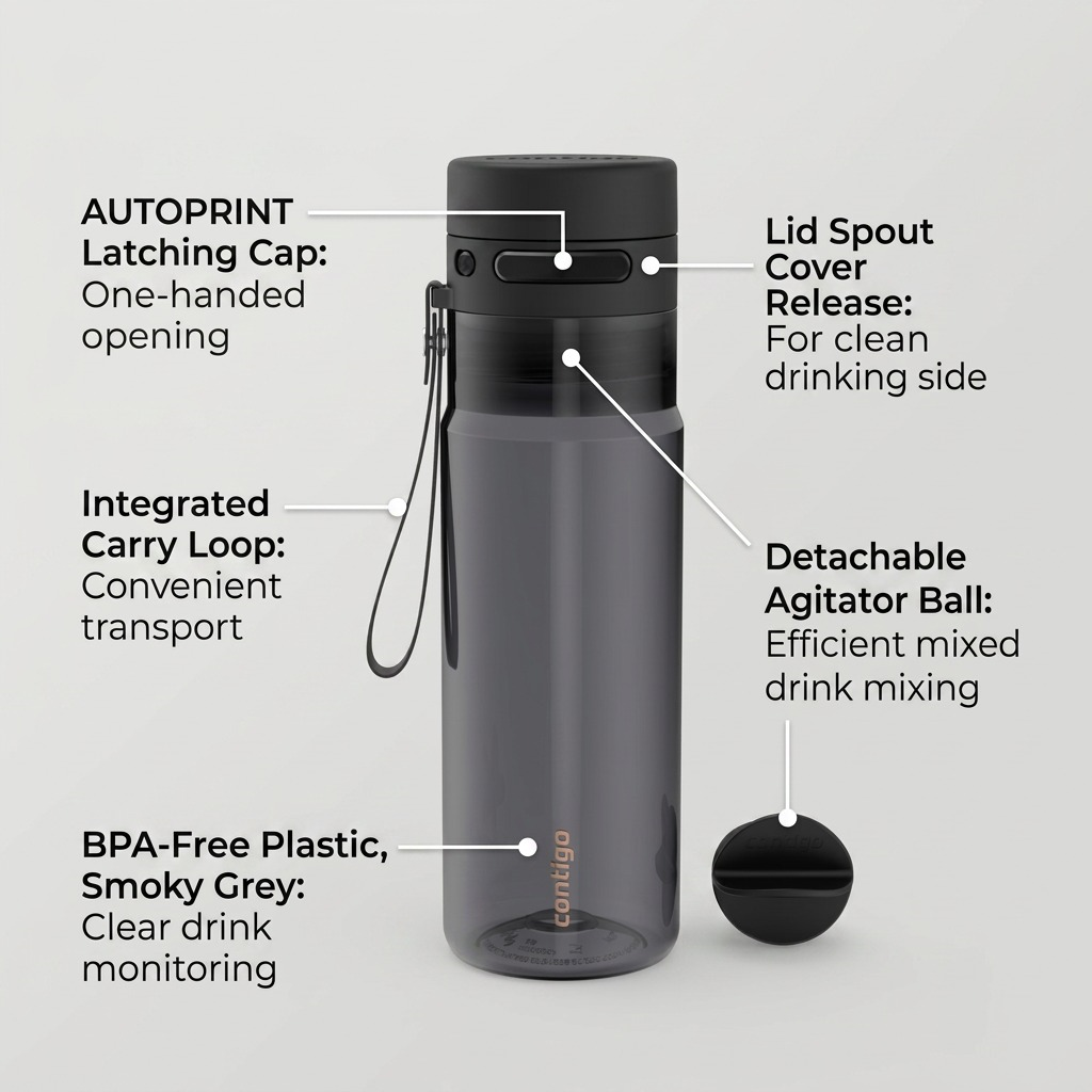 Features of the Contigo 24 oz AutoPop Water Bottle in Licorice, including the agitator ball and one-handed cap.