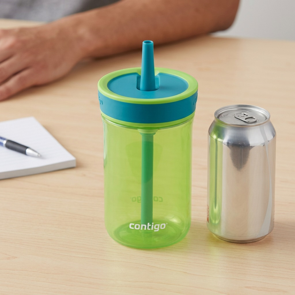 Contigo Kids' 14oz Leighton water bottle in lime green and blue shown next to a standard soda can.