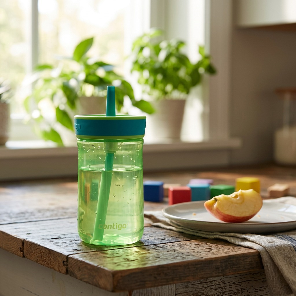 A lime green Contigo Leighton water bottle on a wooden table next to an apple slice and toy blocks.