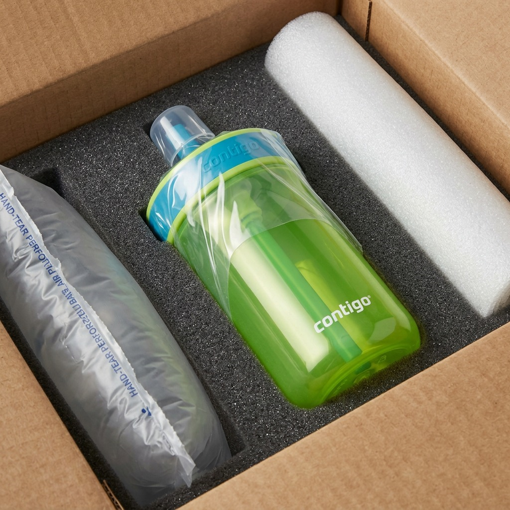 Cool Lime Contigo Leighton 14oz water bottle secured in protective foam and air pillows in a box.