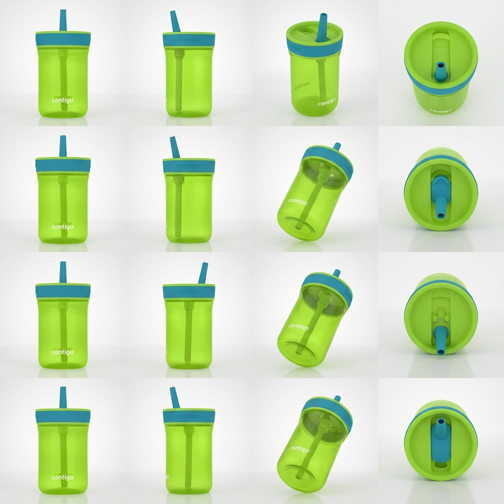 A grid of sixteen views showing the lime green and juniper blue 14oz Contigo Leighton water bottle.