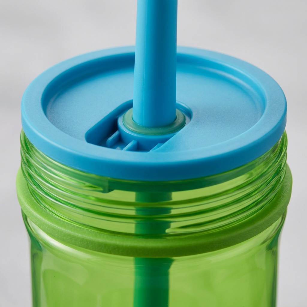 Macro view of the Contigo Leighton water bottle showing the blue straw seal and green plastic body.