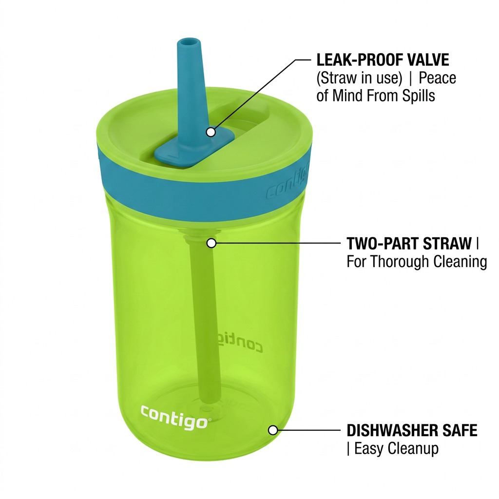 Contigo Leighton Kids Water Bottle in Cool Lime with leak-proof valve, 2-part straw, and dishwasher safe design.
