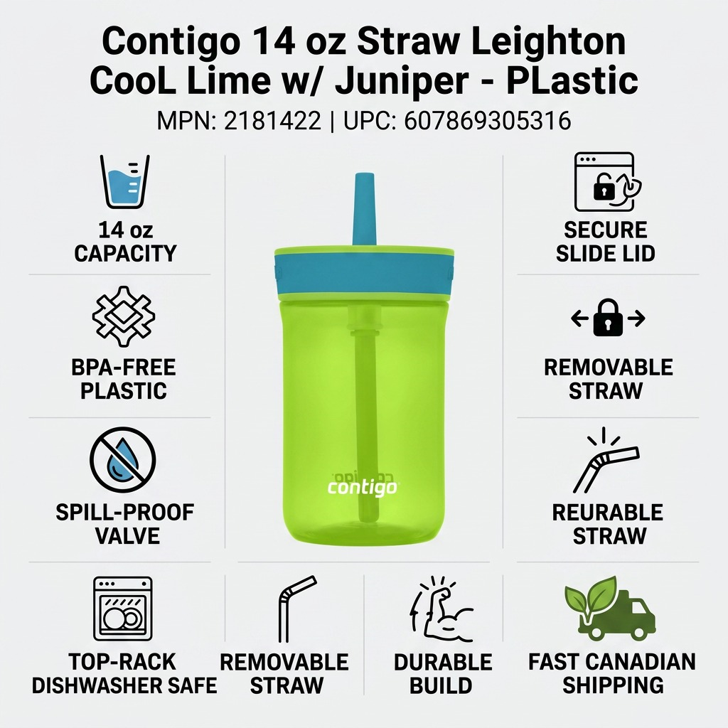 Contigo 14oz Leighton water bottle infographic showing BPA-free plastic and spill-proof features.