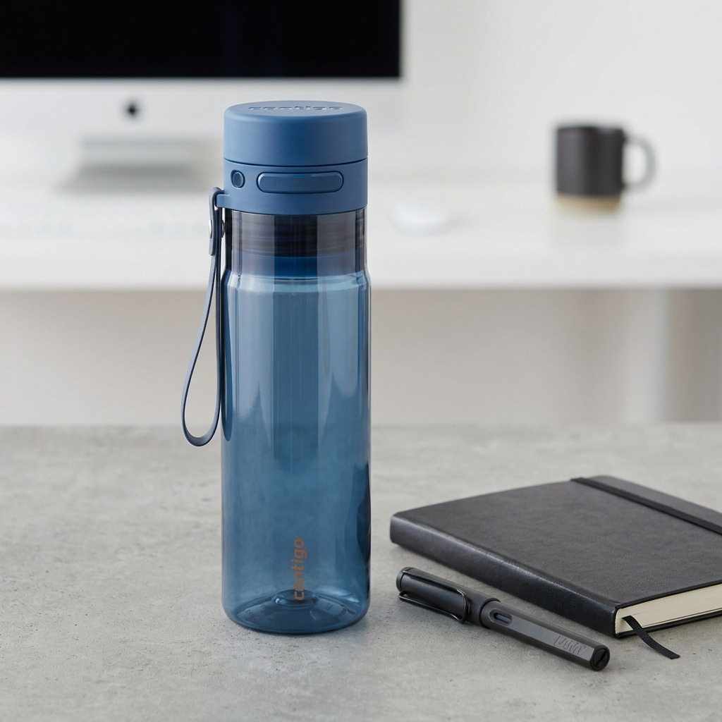 A 24 oz blue Contigo AutoPop Shaker Bottle standing on a desk next to a notebook and pen for scale.