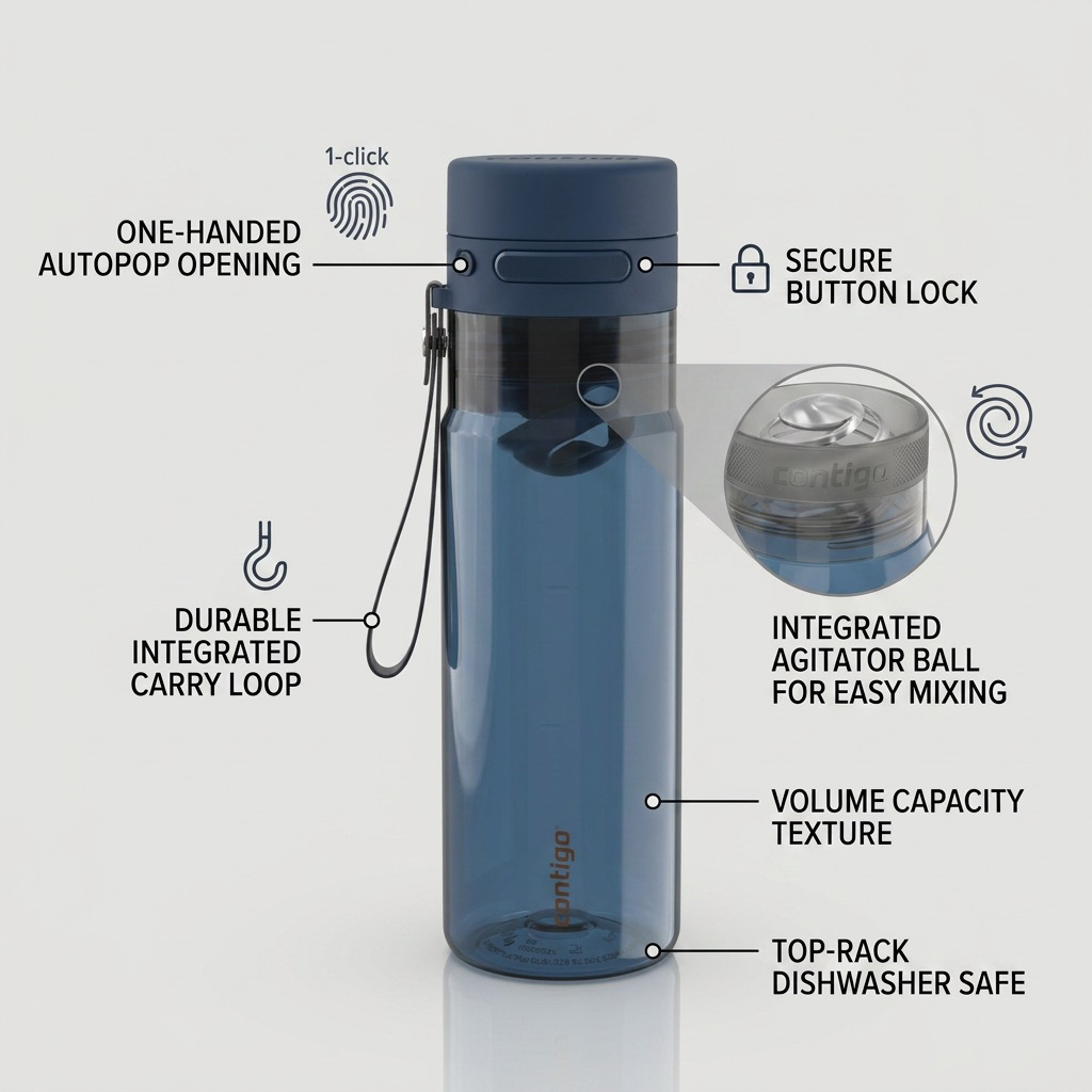 Contigo 24 oz AutoPop Shaker Bottle in Abyss featuring a secure lock, mixing ball, and carry loop.