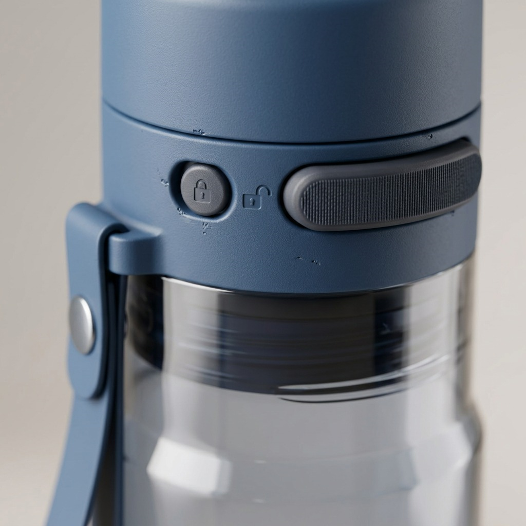 Macro detail of a blue Contigo AutoPop Shaker Bottle showing the lock switch and textured button.