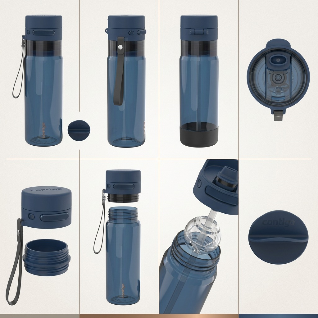 Grid showing multiple angles of the blue Contigo 24 oz AutoPop Shaker Bottle with weighted agitator.