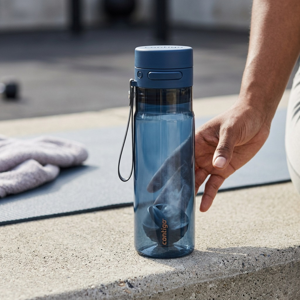 A dark blue Contigo AutoPop Shaker Bottle with an agitator ball outdoors on a concrete ledge.