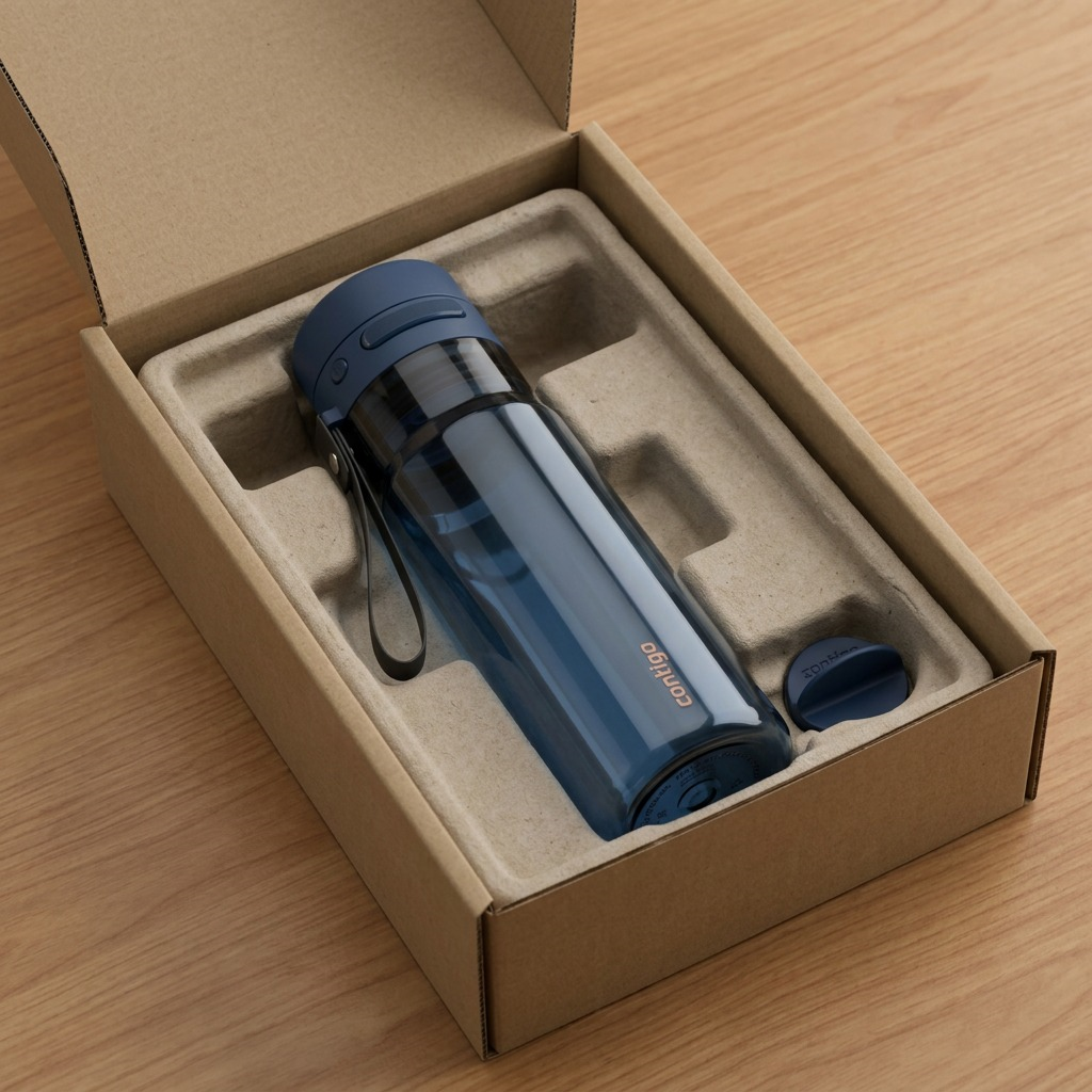 A Contigo 24 oz AutoPop Shaker Bottle in Abyss blue, secured in protective cardboard unboxing tray.