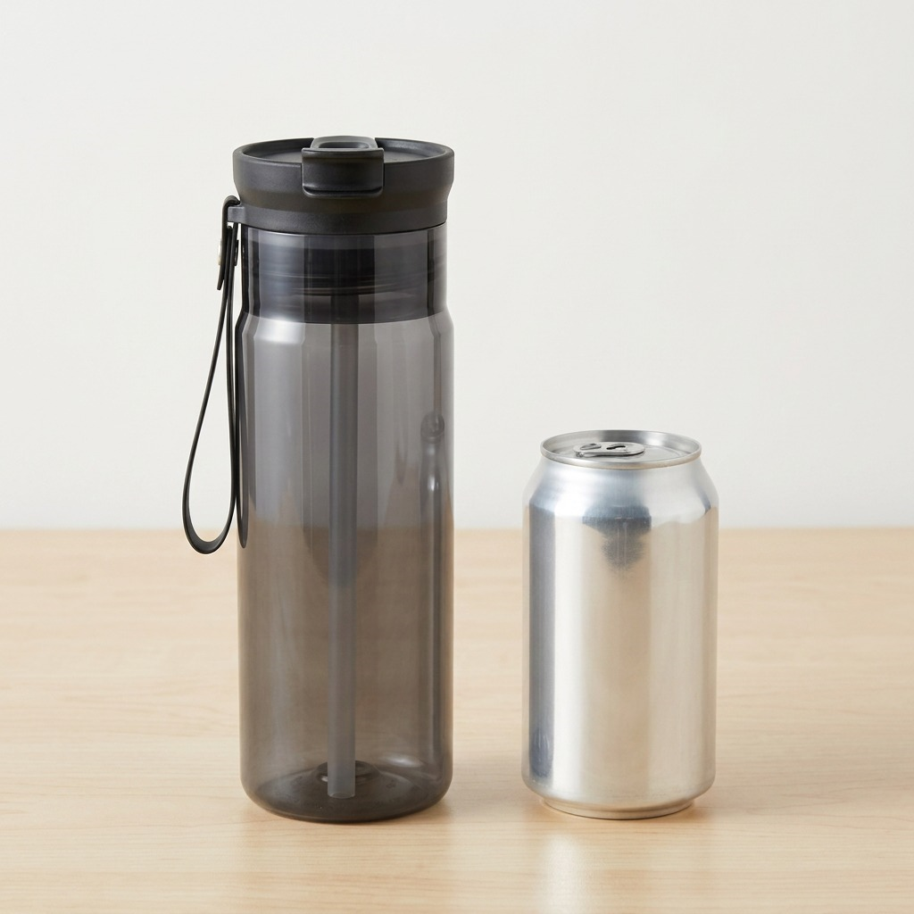 A 24 oz Contigo Dual Sip water bottle in licorice black standing next to a standard metal soda can.