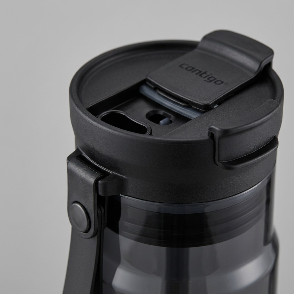 Close-up of the Contigo Dual Sip water bottle lid, showing the chug opening and flip-top straw.