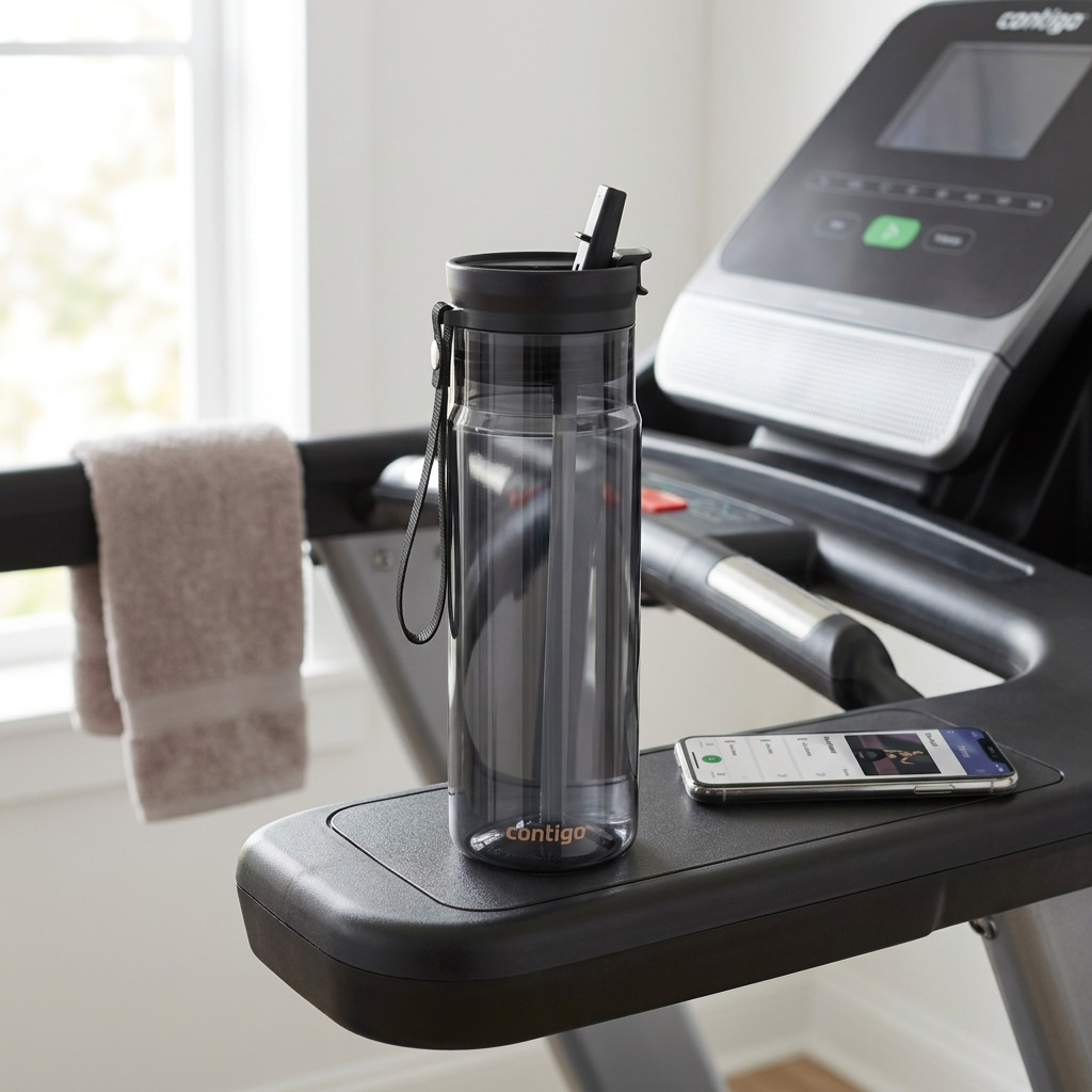 A Contigo 24 oz Licorice Black Dual Sip water bottle sits on a treadmill next to a smartphone.