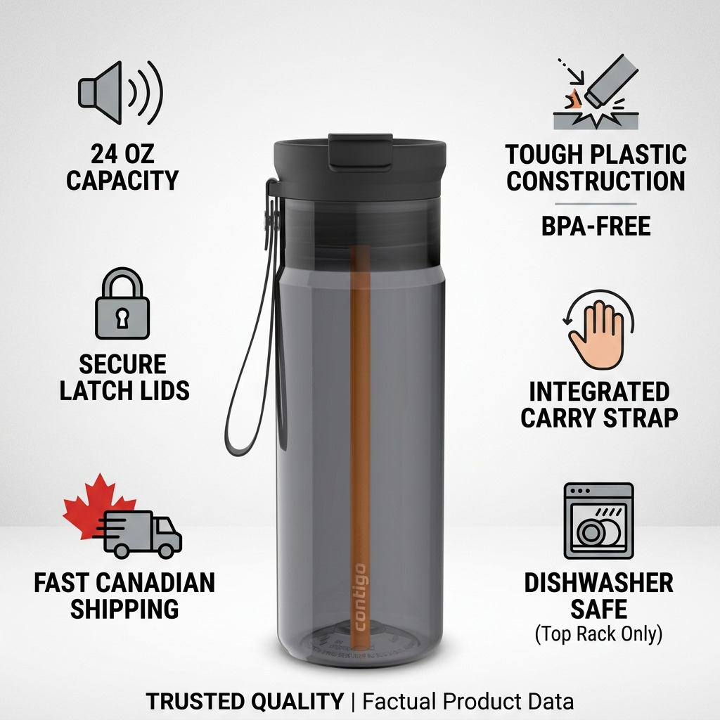 Contigo 24 oz Dual Sip Licorice water bottle infographic showing BPA-free plastic and fast shipping.