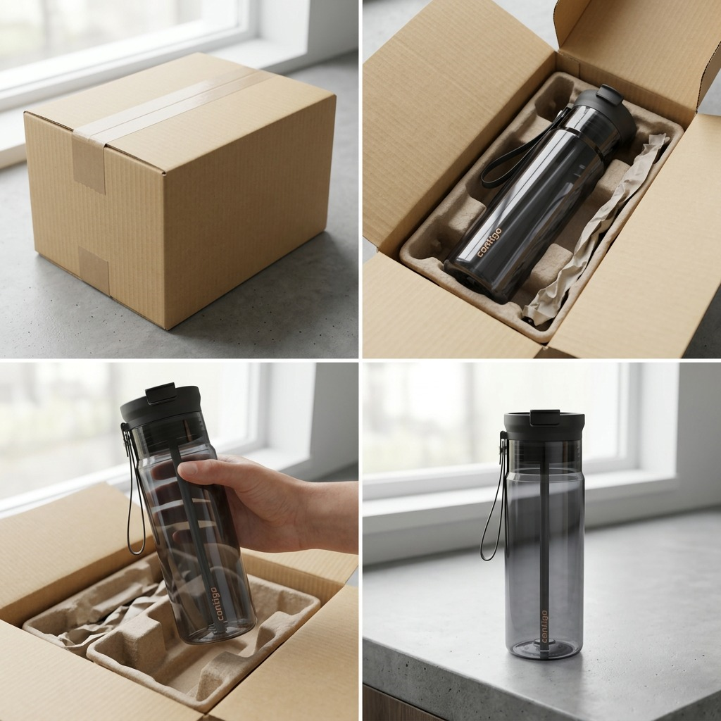 A four-image sequence shows the secure shipping box and unboxing of a Contigo 24 oz Licorice water bottle.