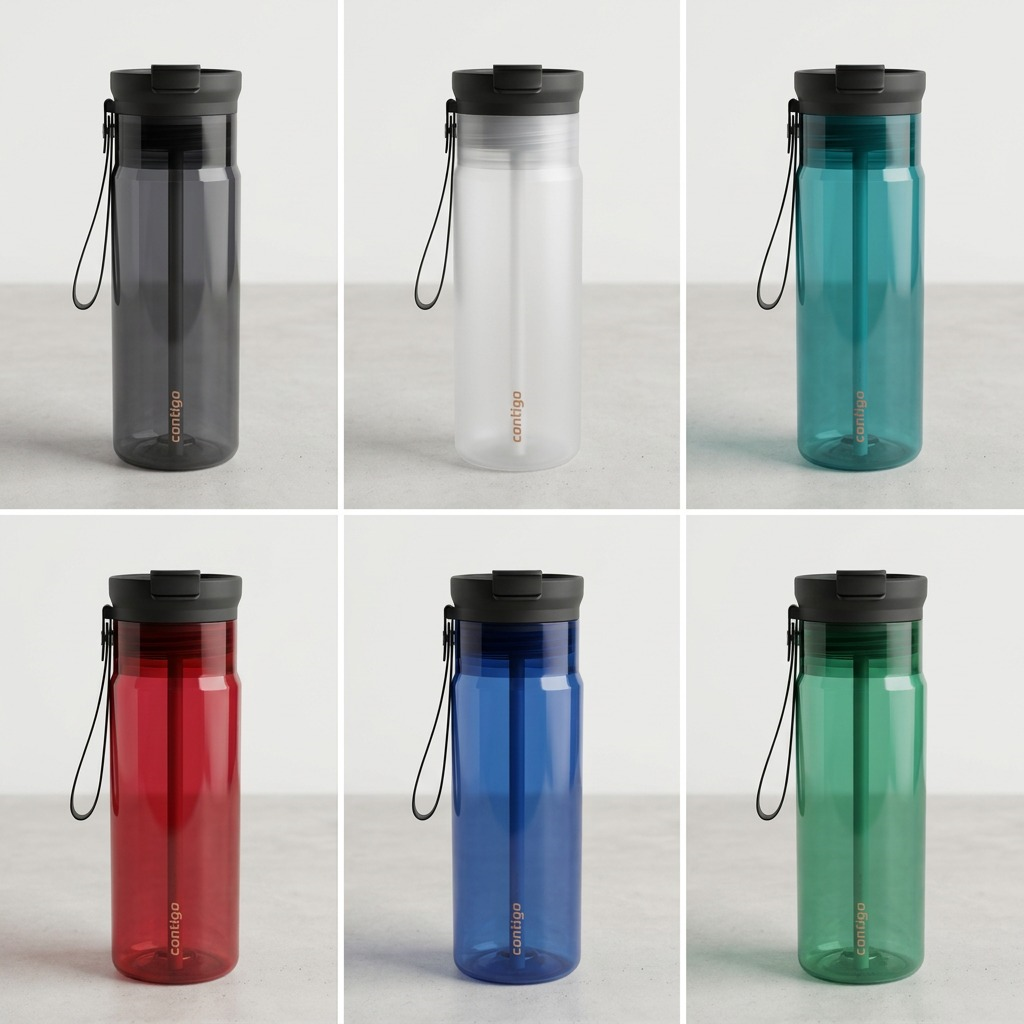Grid showing Contigo 24 oz Dual Sip water bottles in various colors: grey, white, teal, red, and blue.
