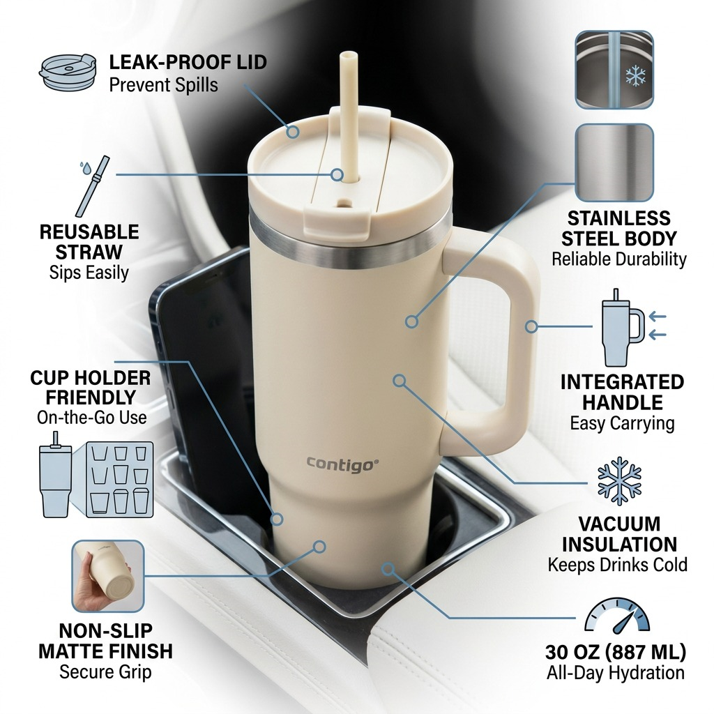 Contigo Streeterville 30oz tumbler in Oatmilk with features: leak-proof lid, straw, and insulation.