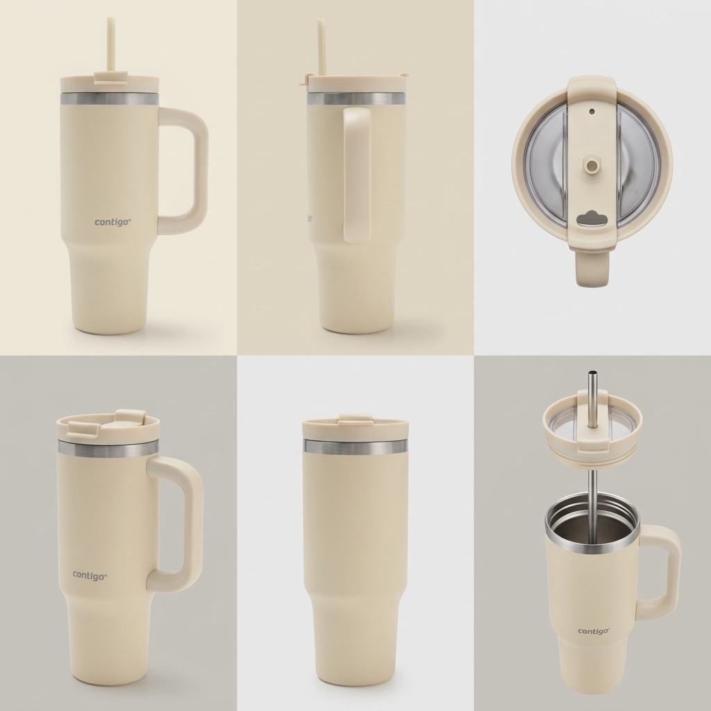 A multi-angle grid of the Oatmilk Contigo Streeterville 30 oz Tumbler with lid and straw details.