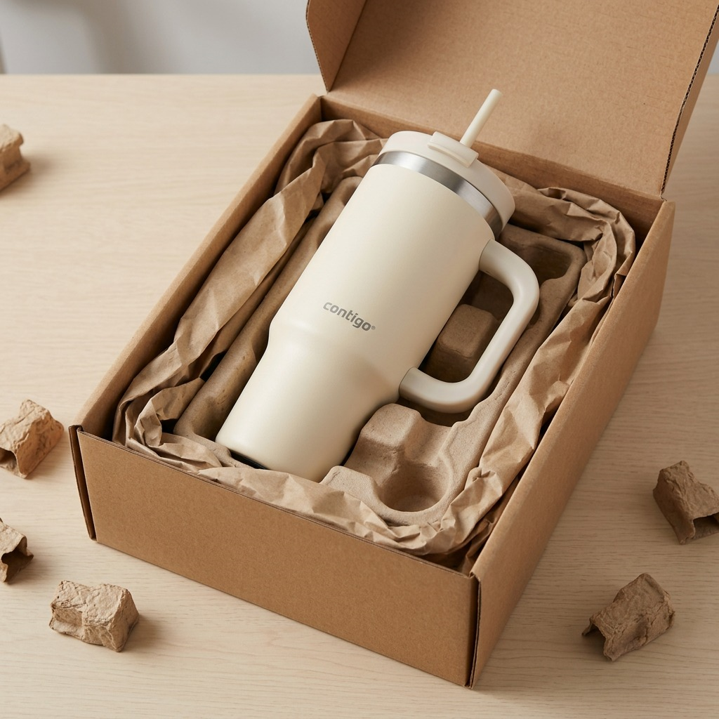 A 30 oz Oatmilk Contigo Streeterville Tumbler securely nested in a cardboard shipping box with protective paper.