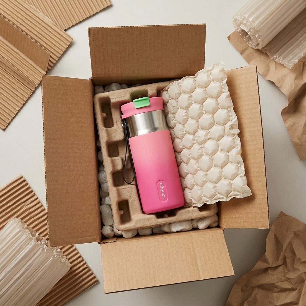 A top-down view shows the Contigo 16 oz Tween Dual Sip travel mug, in its pink and stainless steel ombre design, resting safely amidst recycled paper void-fill inside a sturdy shipping box. A white bubble-wrap bag is partially peeled away. The 'contigo' logo and all original product details are clearly visible on the item. The scene inspires confidence of safe delivery.