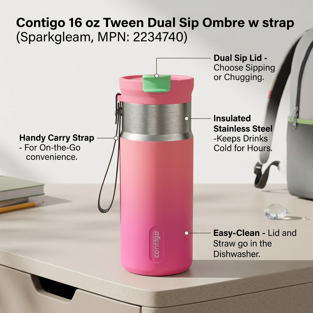 A polished infographic showing a Contigo 16 oz Tween Dual Sip bottle with callouts.