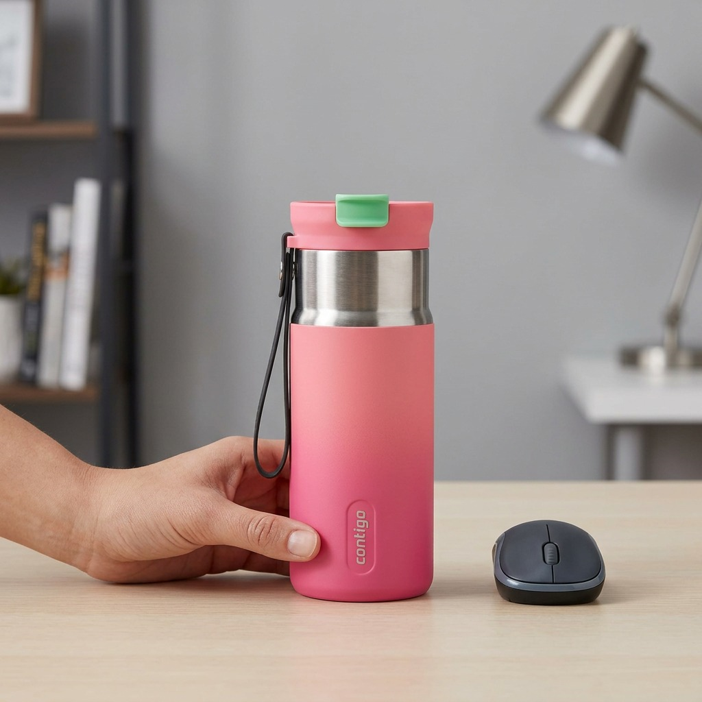 A 16 oz Contigo Tween bottle with pink ombre and green accent next to a computer mouse for scale.