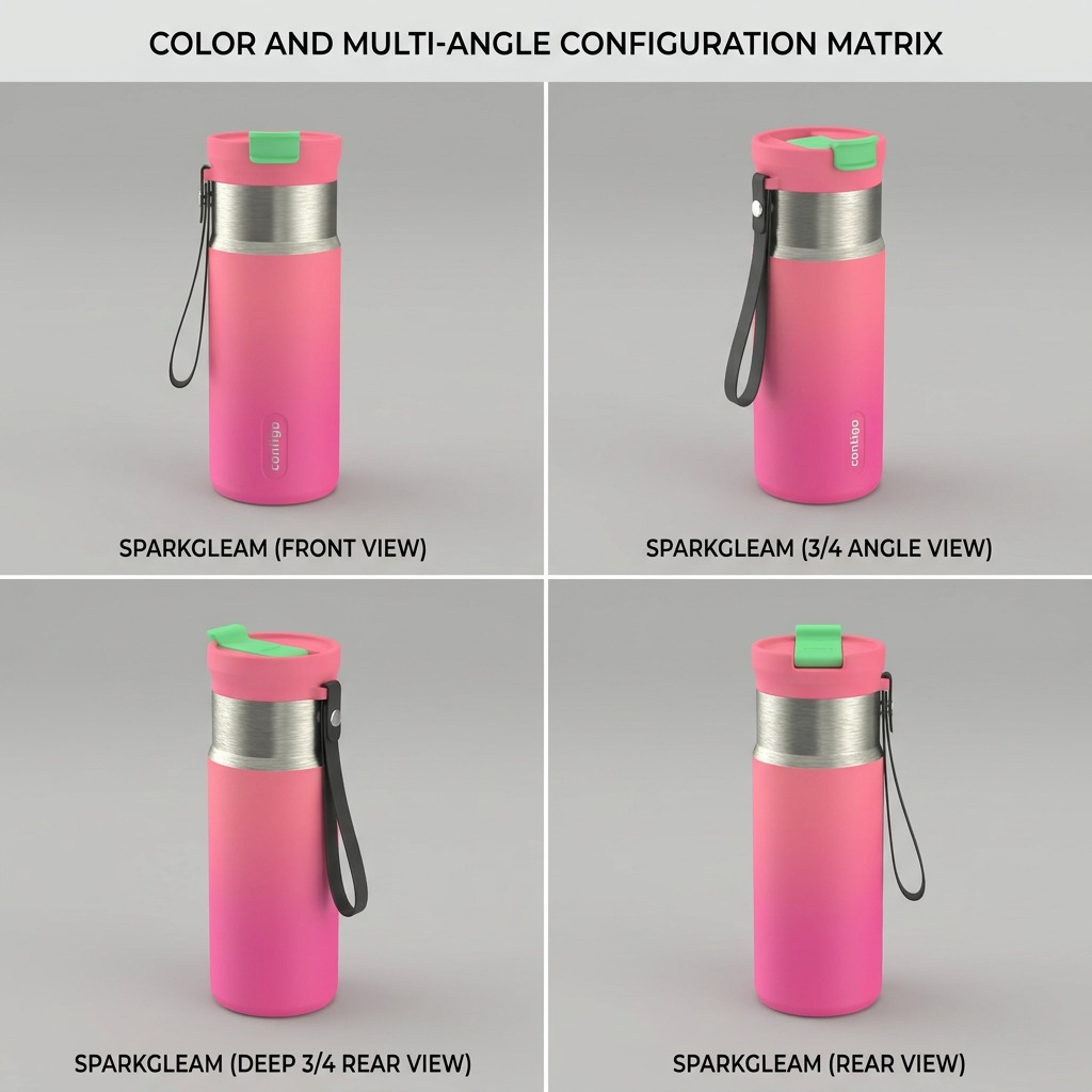A minimalist 2x2 grid showing the Contigo 16oz Sparkgleam bottle from front, 3/4, side, and rear angles.