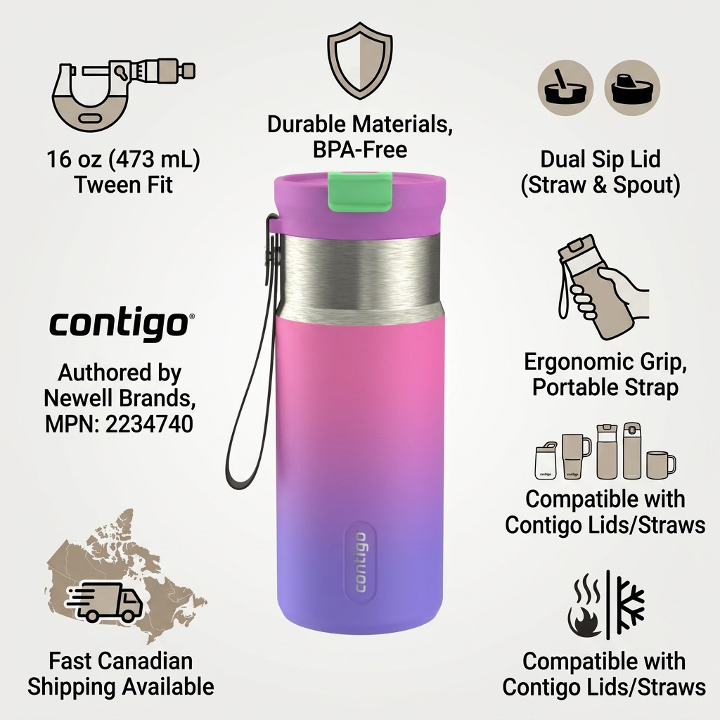 Infographic for Contigo 16oz Tween Dual Sip mug with product details and shipping info.