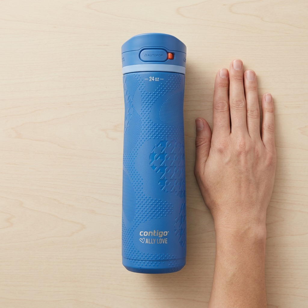 A 24oz blue Contigo x Ally Love water bottle placed next to a human hand to show its relative size.