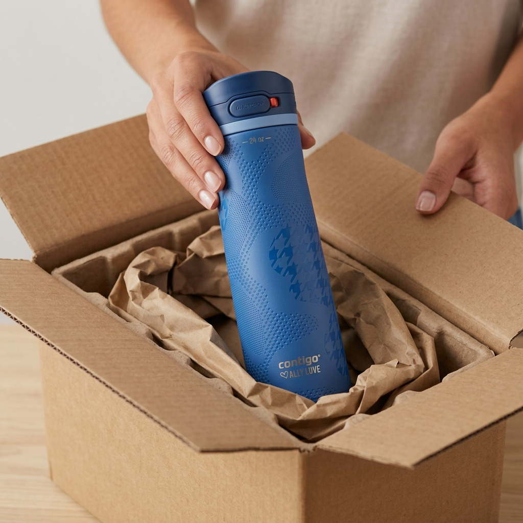 A person unboxing the Stellar Jay blue Contigo x Ally Love water bottle from a secure shipping box.