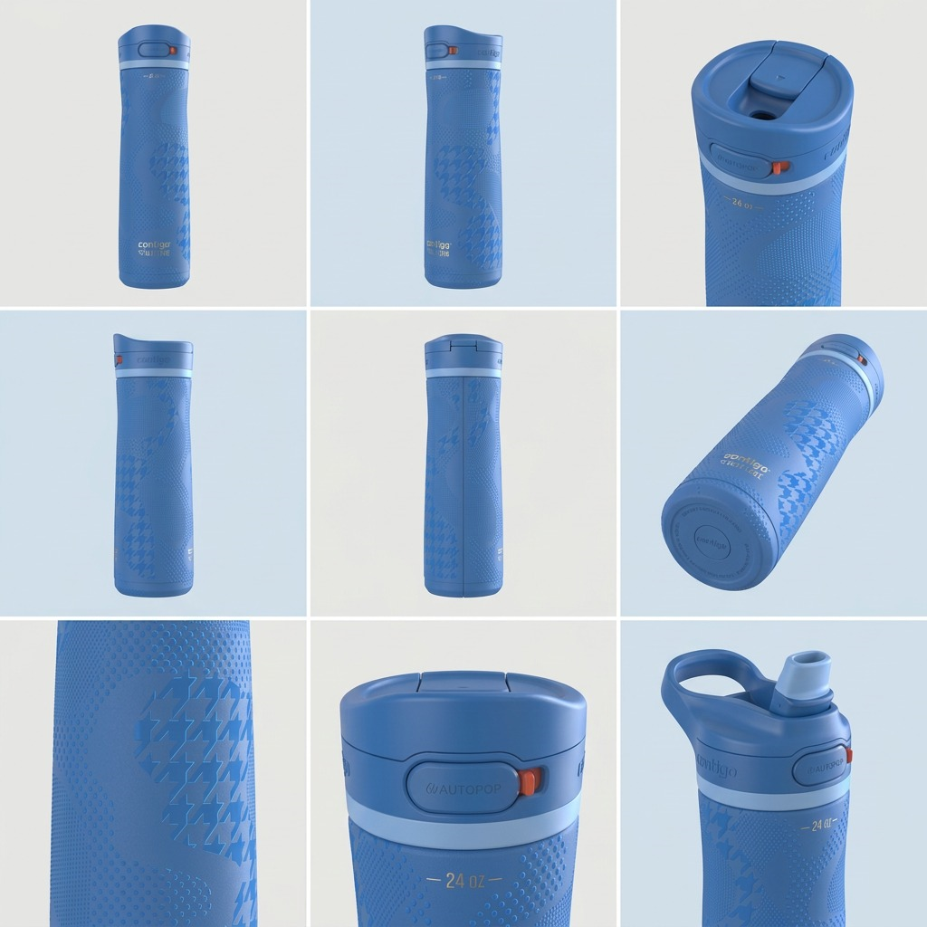 Grid showing multiple angles of the blue Contigo x Ally Love Jackson Chill 2.0 24oz water bottle.