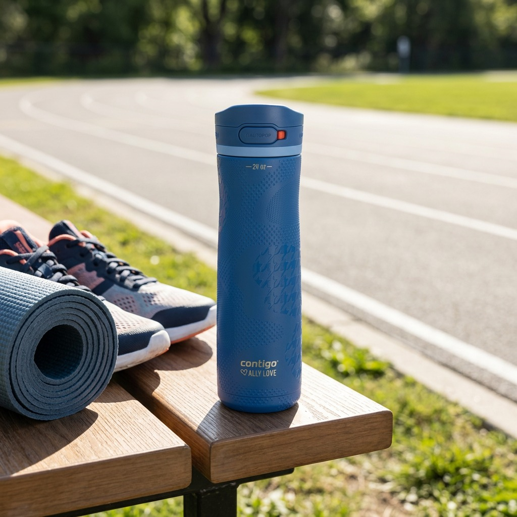 Contigo x Ally Love Jackson Chill 2.0 water bottle in Stellar Jay on a bench by a running track.