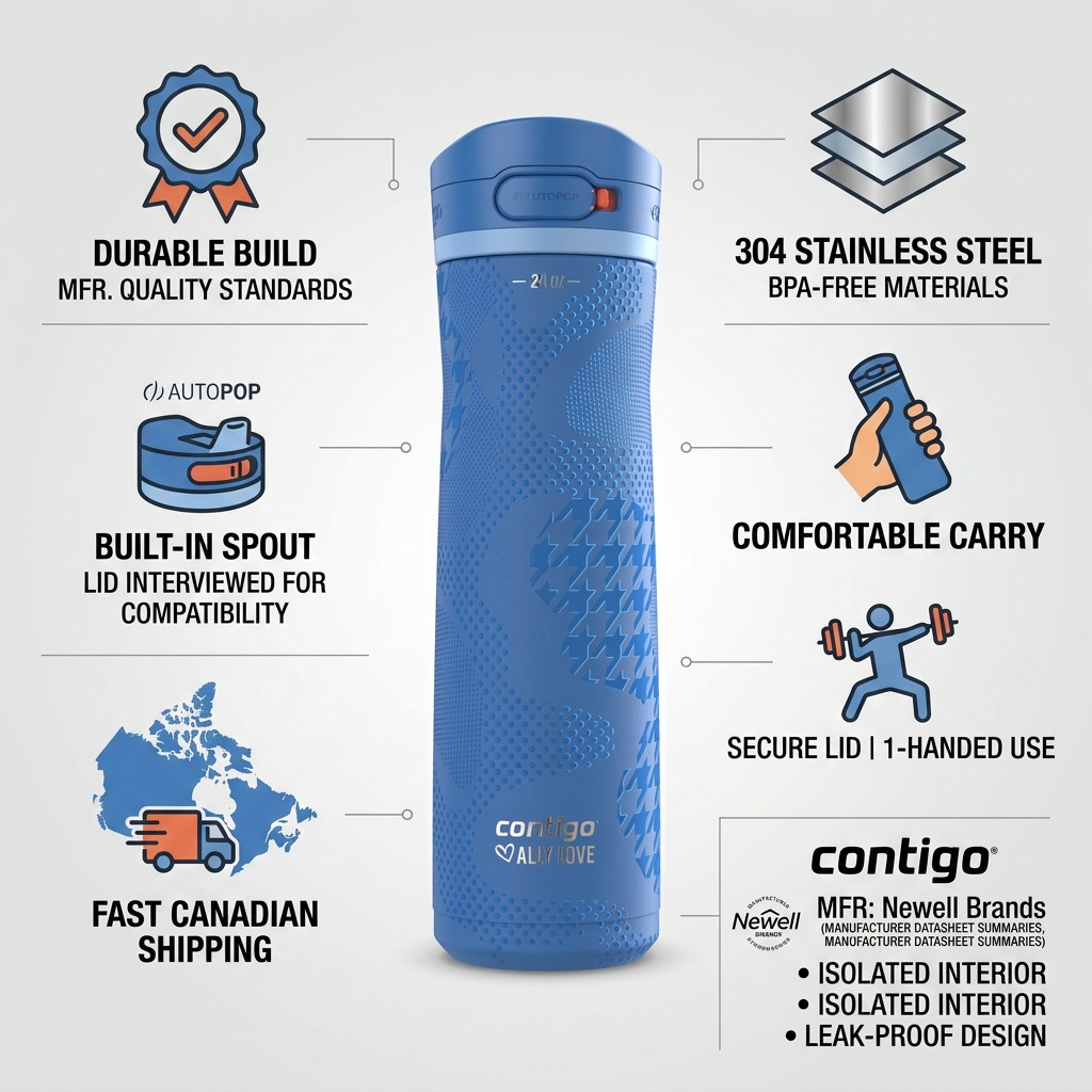 Infographic for Contigo Ally Love water bottle highlighting 304 stainless steel and AUTOPOP lid.
