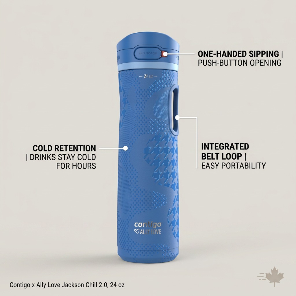 Feature graphic of the blue Contigo x Ally Love water bottle highlighting its 24oz capacity, autopop lid, and integrated belt loop.
