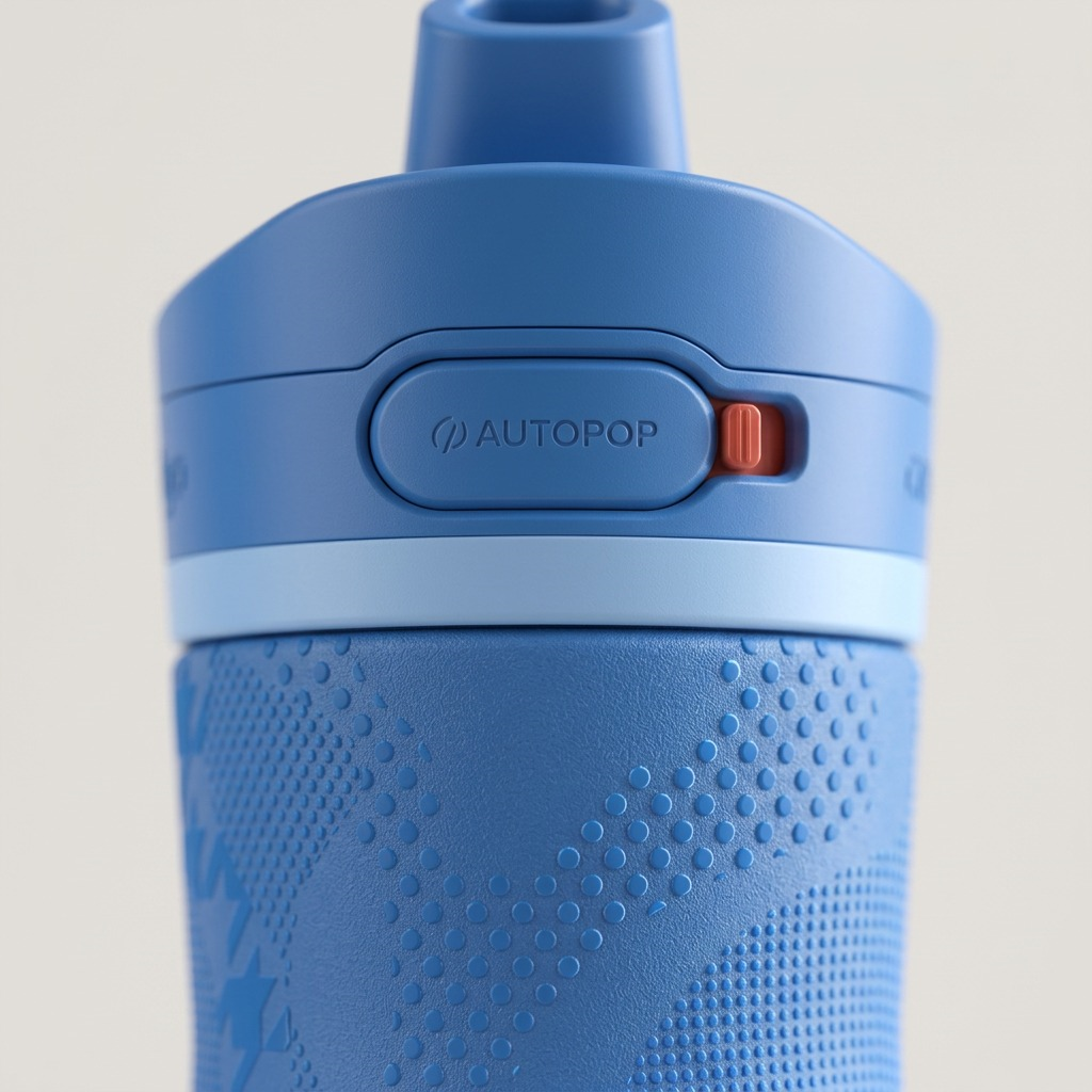Macro detail of the Stellar Jay Contigo Jackson Chill 2.0 AUTOPOP lid and textured blue body.