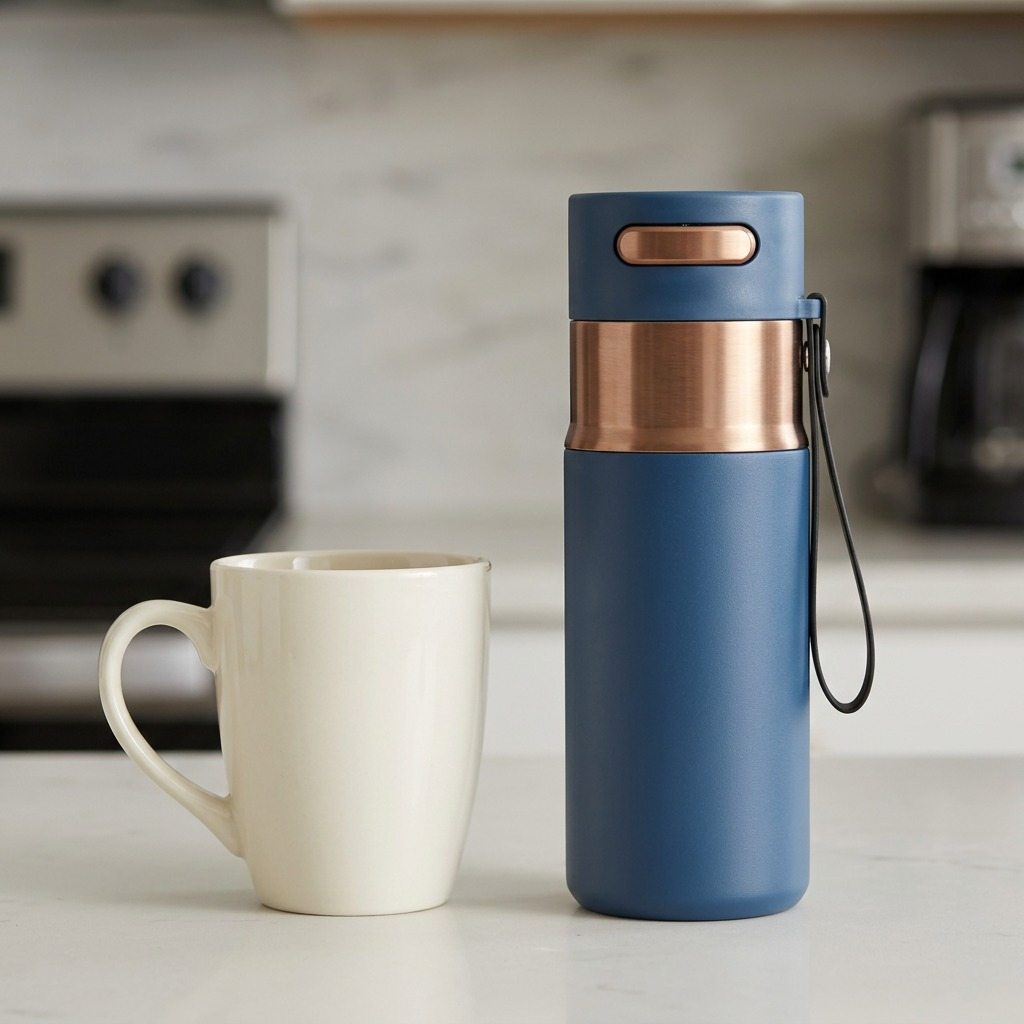 A matte blue Contigo 16 oz Autoseal travel mug with copper accents beside a standard ceramic coffee mug.