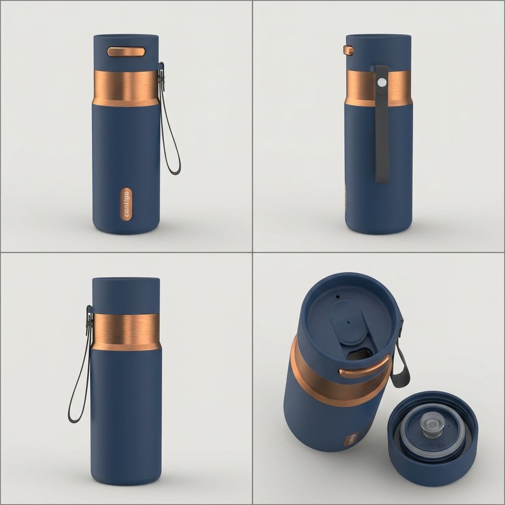 Four angles of the Contigo 16 oz Autoseal Abyss Travel Mug showing the lid and copper trim.
