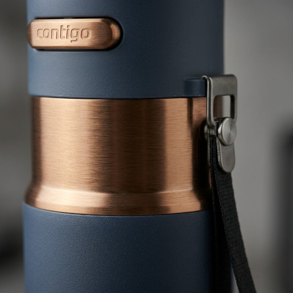 Macro detail of a Contigo Abyss travel mug featuring a brushed copper band and indigo finish.