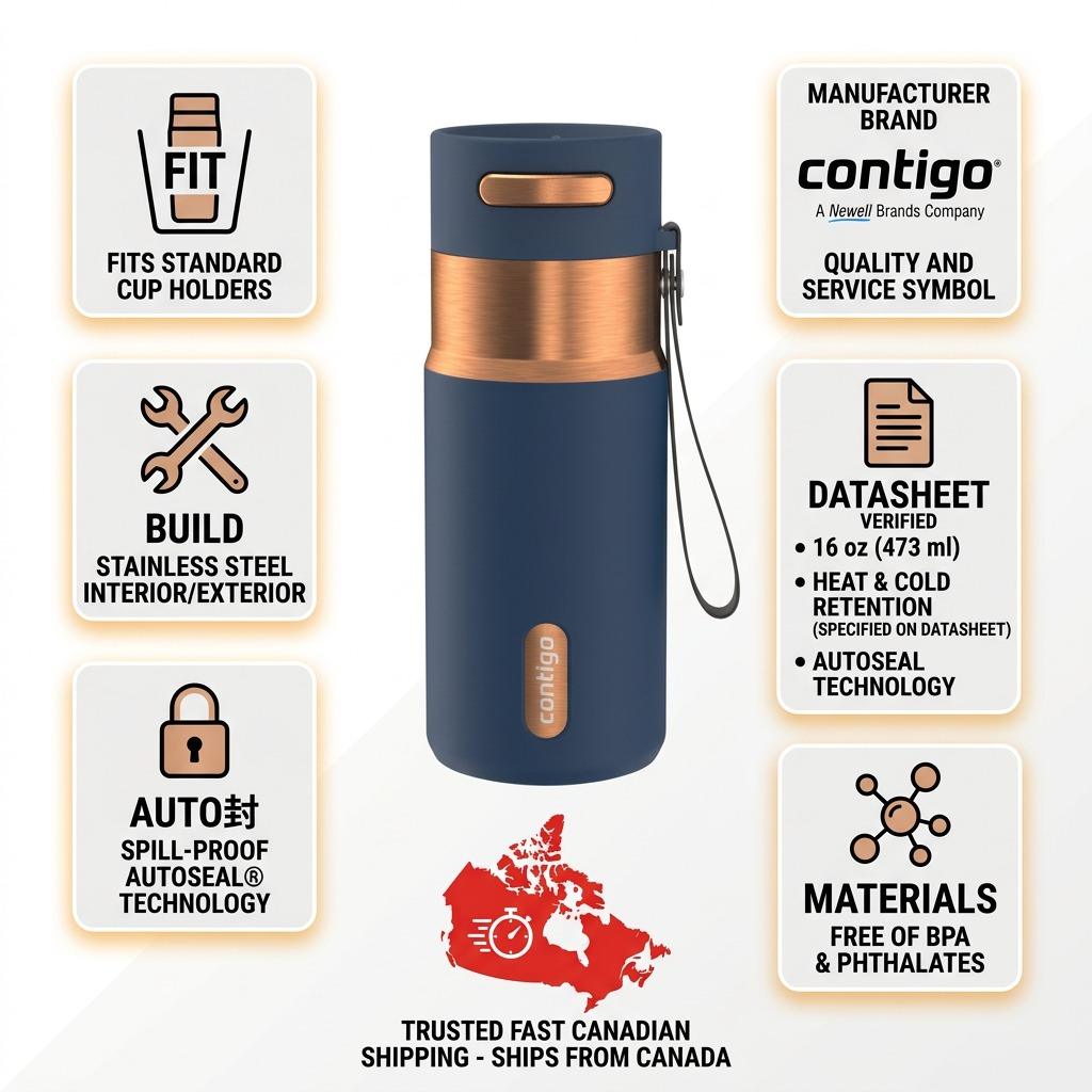 Contigo 16 oz Abyss Mug infographic detailing stainless steel build, Autoseal tech, and fast Canadian shipping.