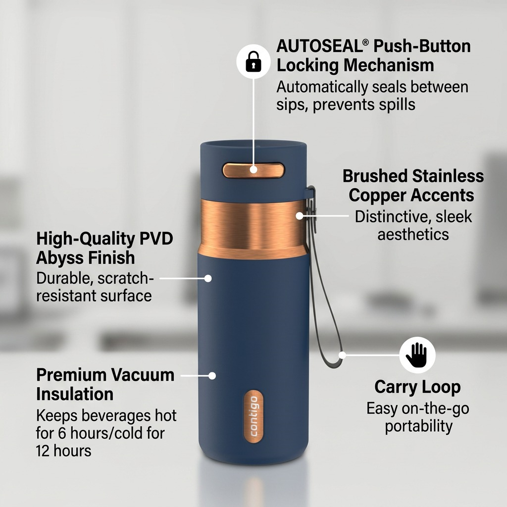 Contigo Autoseal Abyss Travel Mug featuring push-button locking, PVD finish, and vacuum insulation.