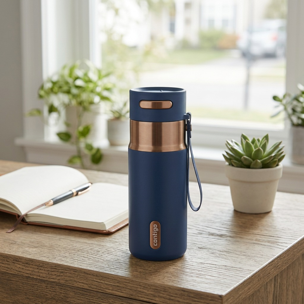 Contigo 16 oz Autoseal Abyss Travel Mug with bronze accents on a desk next to an open notebook.