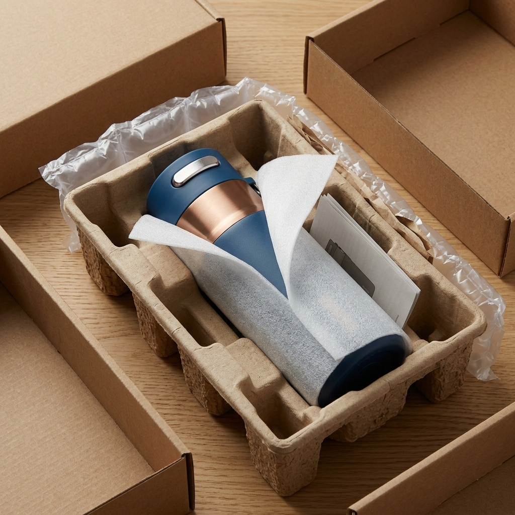A 16 oz Contigo Autoseal travel mug in Abyss blue, safely packaged in a molded pulp shipping tray.