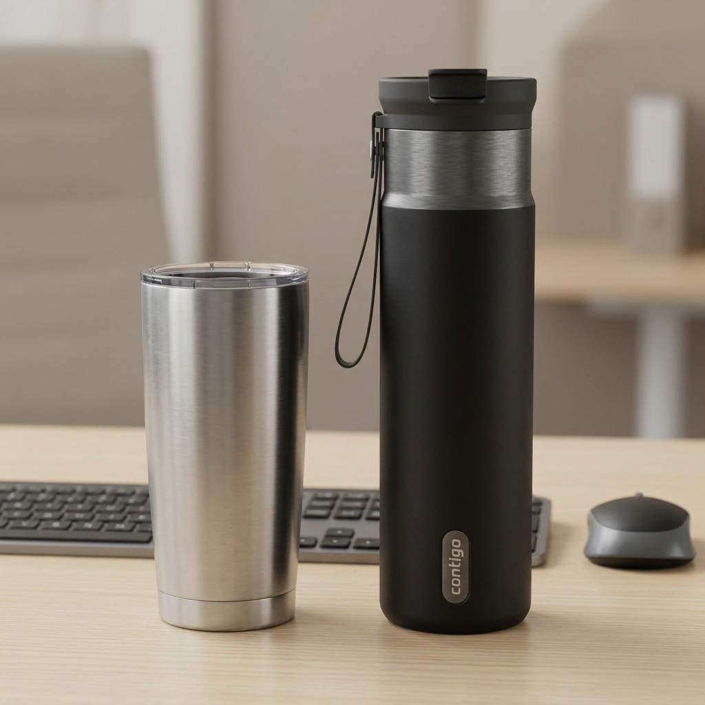 Contigo 24oz Dual Sip Bottle in Licorice Gunmetal on a desk beside a tumblr and computer mouse.