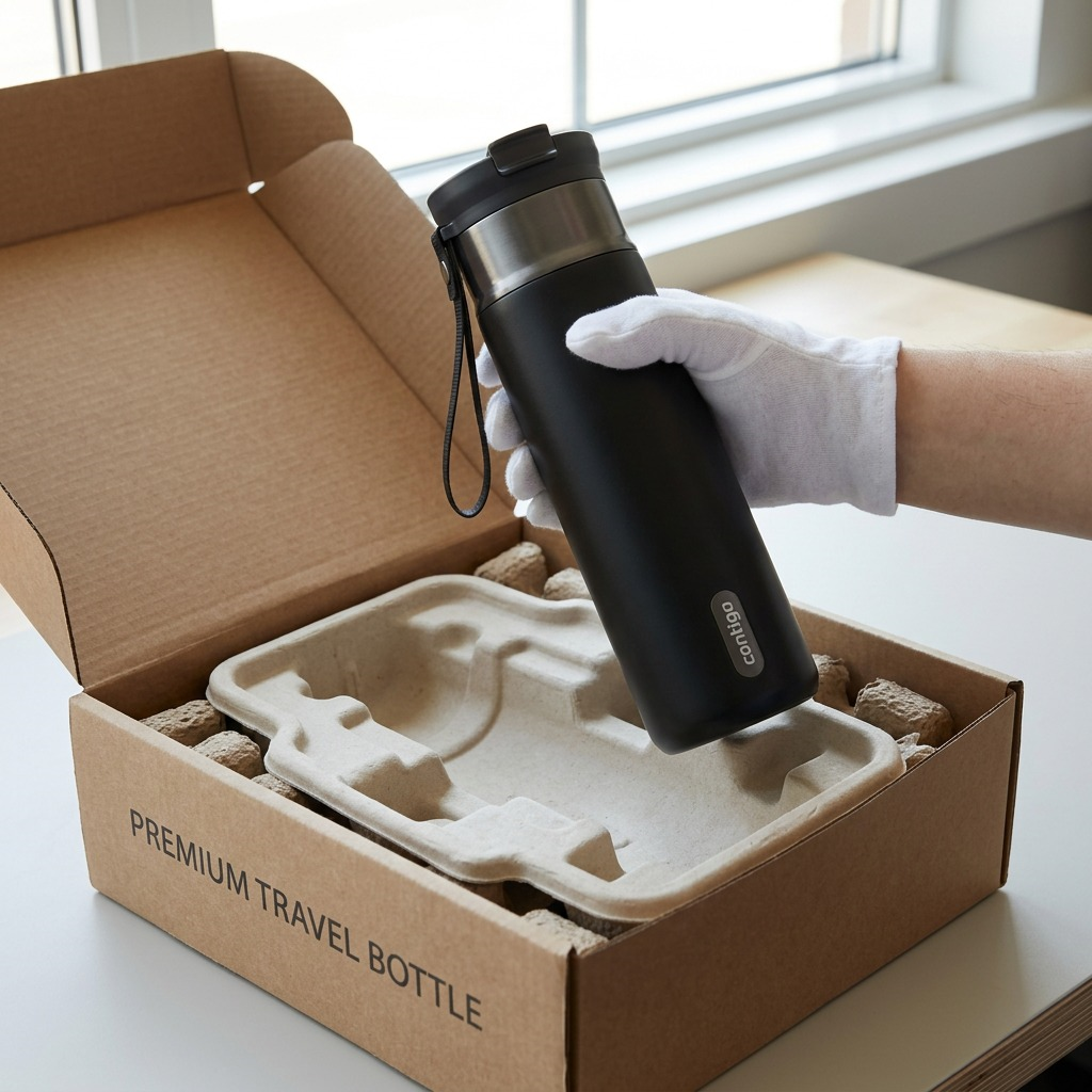 A hand in a white glove lifts the Contigo Licorice Gunmetal 24oz water bottle from a shipping box.