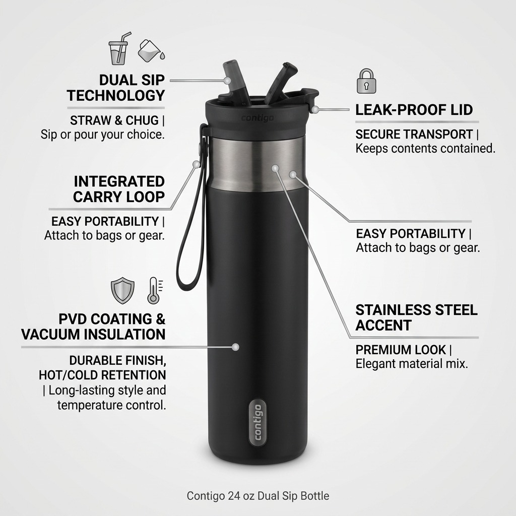 Contigo 24oz Dual Sip Bottle in Licorice Gunmetal with callouts for the leak-proof lid, carry loop, and vacuum insulation.
