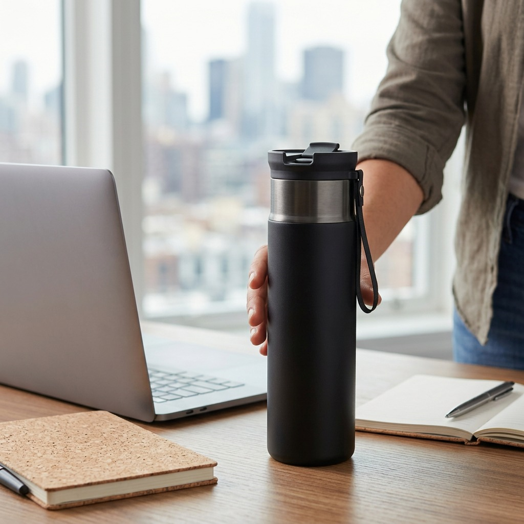 Contigo Licorice Gunmetal 24oz Dual Sip bottle on a wooden desk next to a laptop in an office.