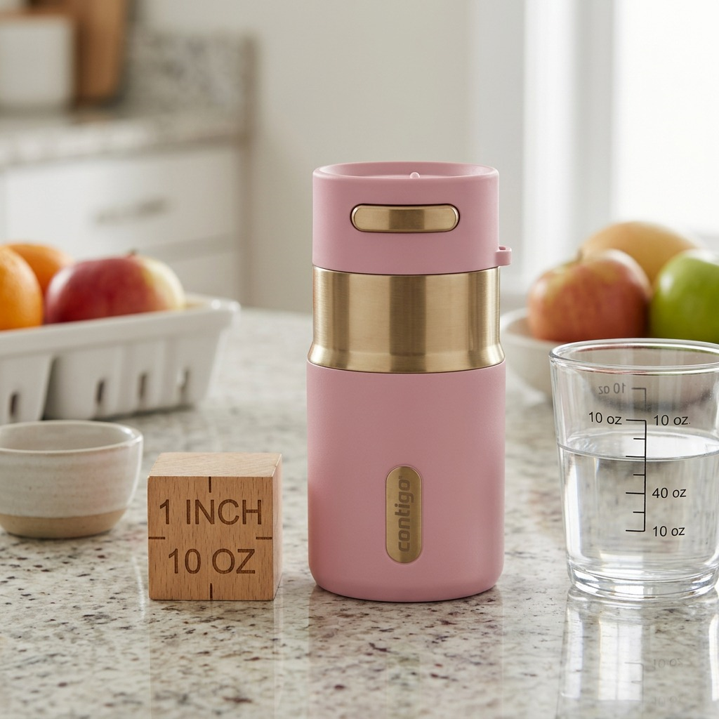 Pink Contigo Pinnacle 10oz travel mug on a counter beside a measuring glass for scale.