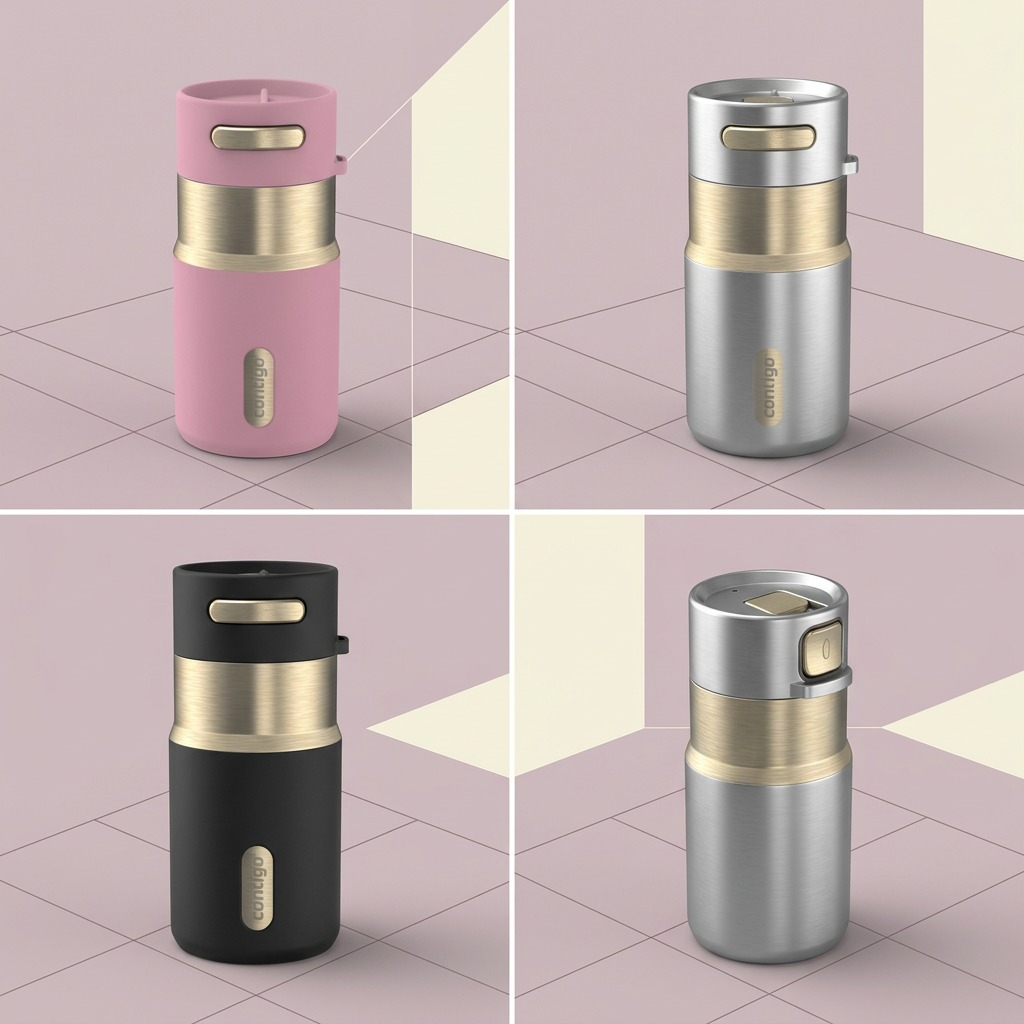 A product matrix showing the Contigo Autoseal Pinnacle Travel Mug in Pink Diamond, Black, and Silver.