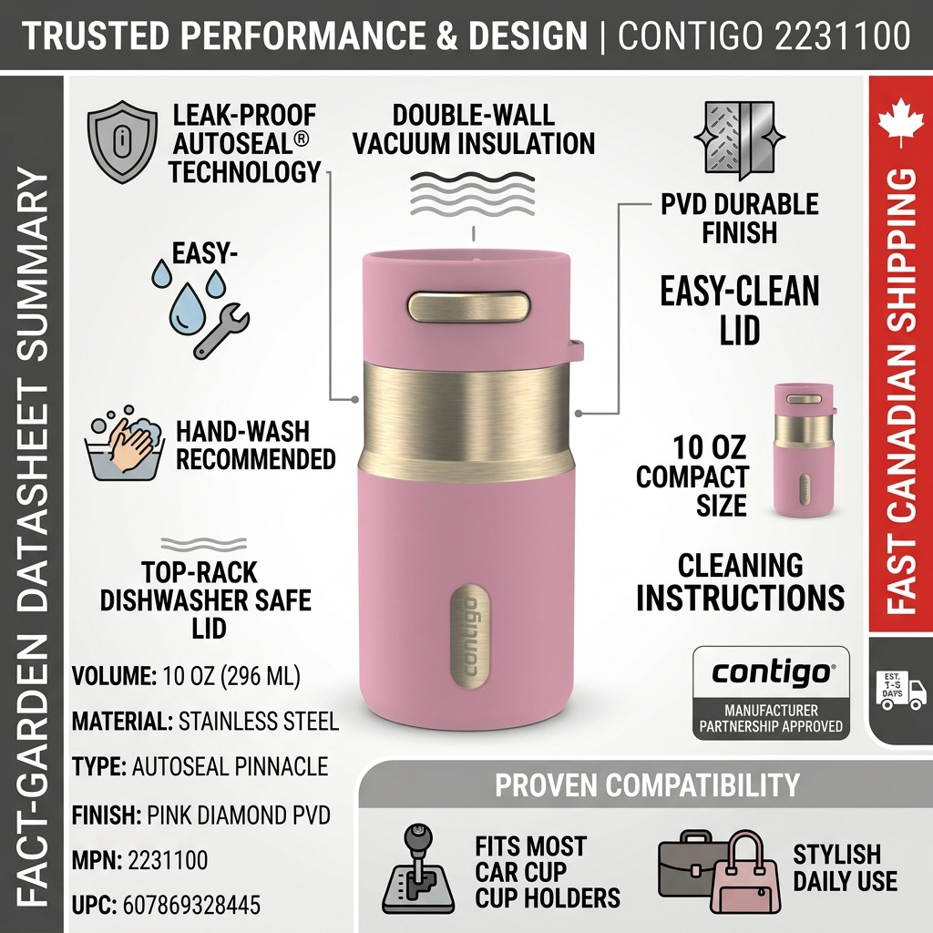 Infographic for Contigo Pinnacle Pink Diamond mug highlighting Autoseal tech and vacuum insulation.